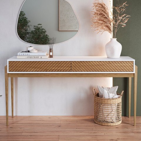 Aparador 2 Gavetas com Vidro 160cm com Brisa Pés em Madeira Maciça Branco/Olmo