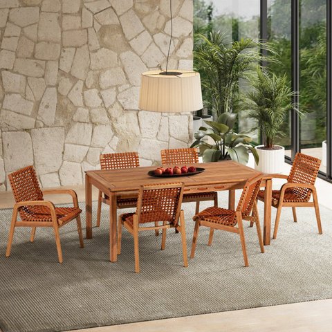 Conjunto 6 Cadeiras 1 Mesa 180cm - Varanda Coberta/Área Gourmet Traço Laranja/Stain Jatobá/Corda Ocr