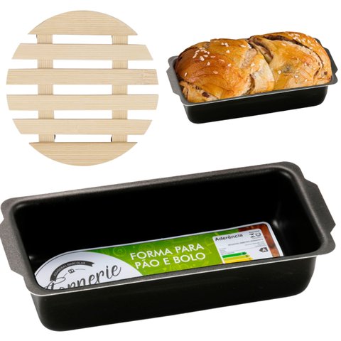 Forma Assadeira de Pão Retangular Grande Antiaderente 2l + Descanso de Panela Redondo Madeira