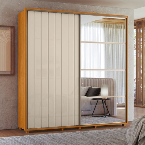 Guarda-Roupa Casal 2 Portas de Correr 100% MDF com Espelho e Pés Monet Yescasa Branco/Cinamomo/Off White