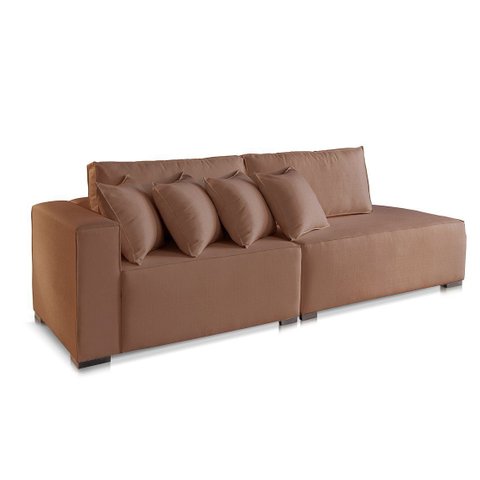 Sofá 4 Lugares Modulado Chaise Almofada Solta Molas Isa Be Linho Marrom 2,5m
