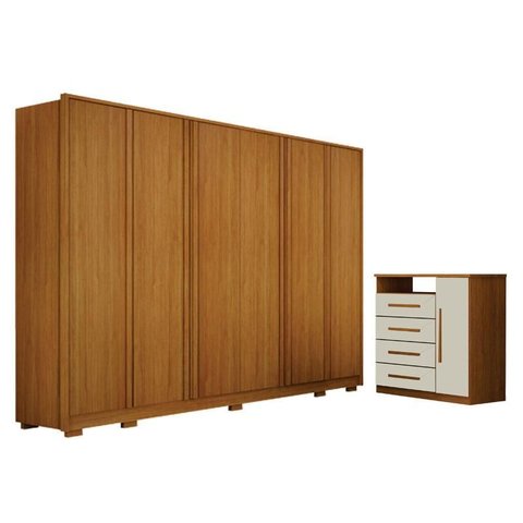 Guarda Roupa Casal Ares 6 Portas Cinamomo com Cômoda Diamante 4 Gavetas 1 Porta Cinamomo Off-white –
