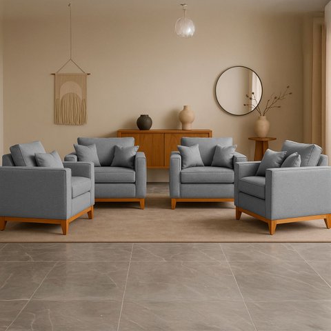 Kit 4 Poltrona Sofa Benny Linho Cinza com Almofada Base de Madeira Castanho - Arkell