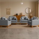 Ver imagem 1 de Kit 4 Poltrona Sofa Benny Linho Cinza com Almofada Base de Madeira Castanho - Arkell
