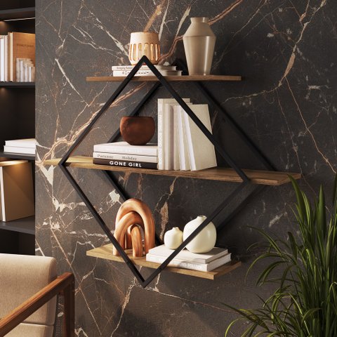 Prateleira Decorativa Grande Diamante 2 Nichos Preto/ Mel - Placa&ponto