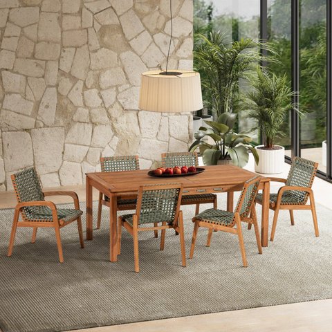 Conjunto Traço 2 Cadeiras com Braço, 4 Cadeiras sem Braço e 1 Mesa 180cm Corda Stain Jatobá Verde/Ol