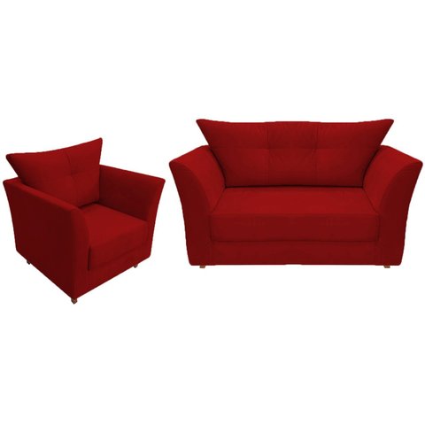 Kit Namoradeira + 1 Poltrona Decorativa Isis Suede Vermelho Pés Madeira Mz Decor