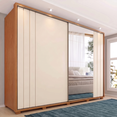 Guarda-Roupa Casal Dali com Espelho 2 Portas de Correr 8 Gavetas 100% MDF Cinamomo e Branco