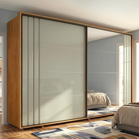 Guarda-Roupa Casal com Espelho 100% MDF 2 Portas de Correr 8 Gavetas Yescasa Cumaru/Opala Dali