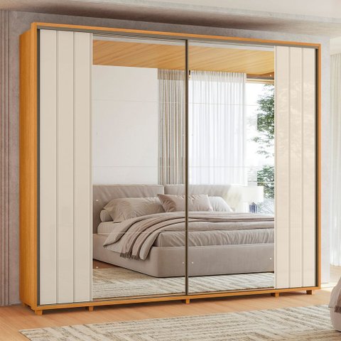 Guarda Roupa Casal 2 Portas de Correr 100% MDF com Espelhos e Pés Dali Branco/Cinamomo/Off White