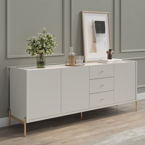 Buffet Moderno com Gavetas e Pés de Aço Jasper Branco/Off White Fosco/Dourado