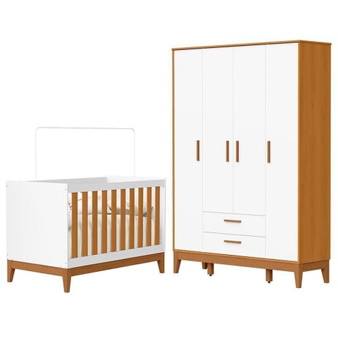 Jogo de Quarto Infantil Flip Guarda Roupa 4 Portas e Berço Americano Branco Fosco/savana - Reller M