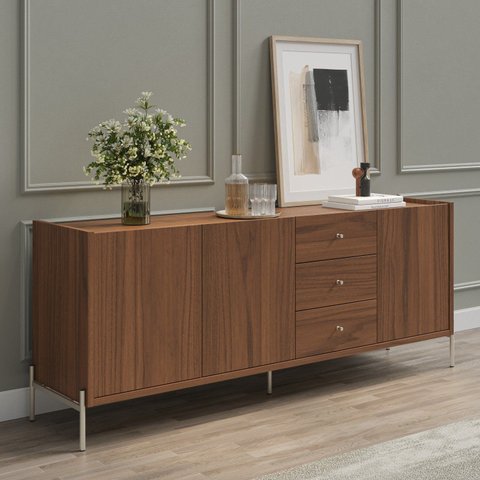 Buffet Moderno com Gavetas e Pés de Aço Jasper Marrom/Canella/Champanhe