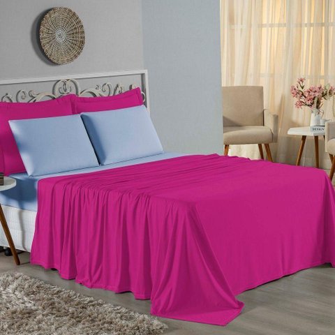 Jogo Cama Casal Nobre 4 Peças Lençol Elástico 30cm Altura 100% Algodão Pink Azulbebê