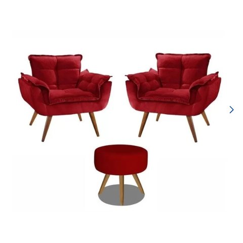 Kit 2 Poltronas Decorativa Opala com Puff Redondo Suede Vermelho - Twdecora Opalla