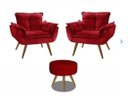 Ver imagem 1 de Kit 2 Poltronas Decorativa Opala com Puff Redondo Suede Vermelho - Twdecora Opalla
