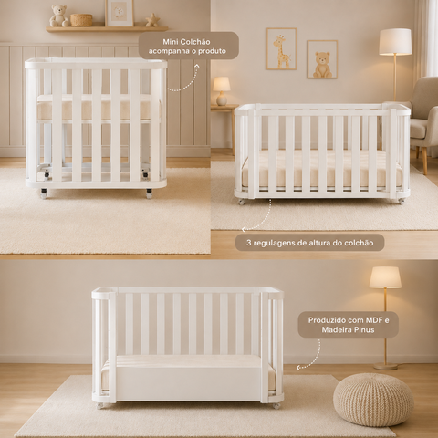 Berço Evolutivo 3 em 1 Branco Mini Berço com Mini Colchão Incluso Berço e Mini Cama