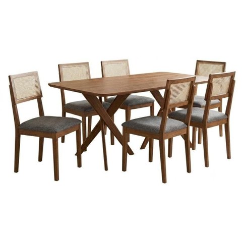 Mesa de Jantar Cacau com 6 Cadeiras Estofadas Palmas Linho Grafite Ornar