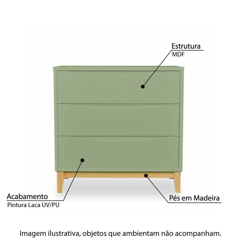 Cômoda Infantil Retrô Amor Perfeito com 3 Gavetas - Verde/Natural - 2