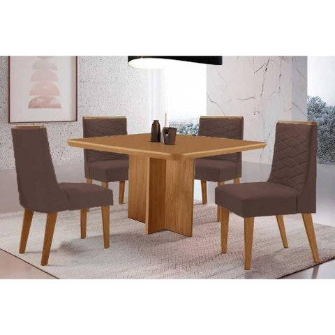 Sala Jantar Mesa Berlim Tampo Curvo 90cm+4 Cadeiras Maldivas Madeira Naturale - Capuccino/suede