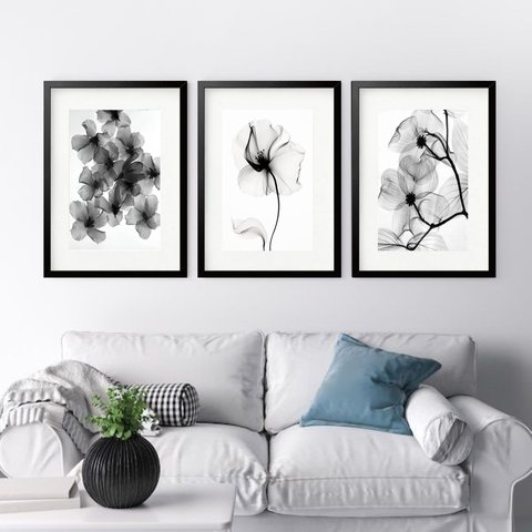 Kit 3 Quadros Grandes Flores Pretas I - 60x48cm:moldura Preta