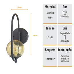Arandela Online Preta Globo de Vidro Ambar + Led 5w - 6
