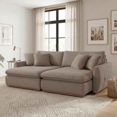 Sofá Cama 3 Lugares Retrátil Reclinável 230cm Linho com Molas Ensacadas Apolo Yescasa Bege Médio