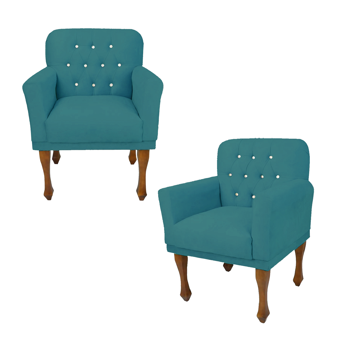 Kit 2 Poltronas Estofada com Botões de Strass Anitta Suede Azul Turquesa Dl Decor - 1
