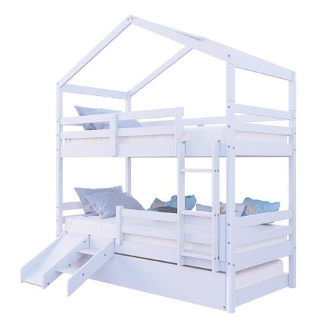 Treliche Solteiro Casinha com Escorregador Grade de Proteção Madeira Maciça Branco