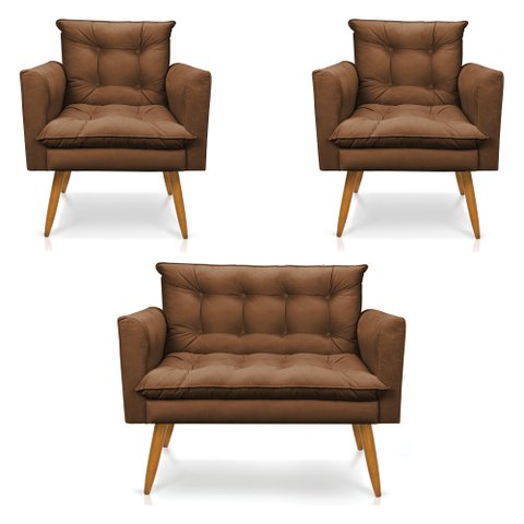 Kit 2 Poltronas e Namoradeira 2 Lugares Olivia Suede Pés Palito Castanho - Pallazio - Marrom