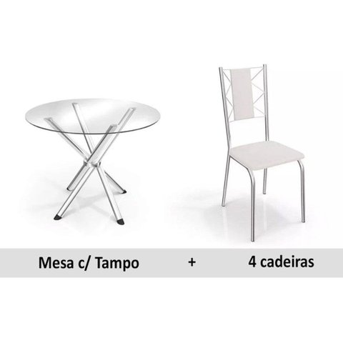 Conjunto: Mesa de Cozinha Volga c/ Tampo de Vidro 95cm + 4 Cadeiras Lisboa Cromada/Branco -