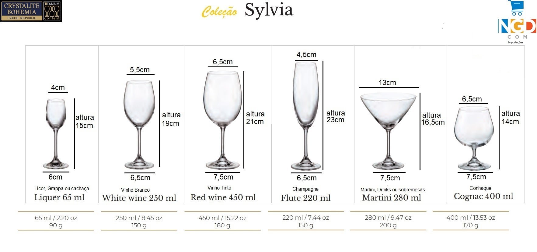 Conj 6 Taças Bohemia Titanium Sylvia Conhaque 400ml - 5