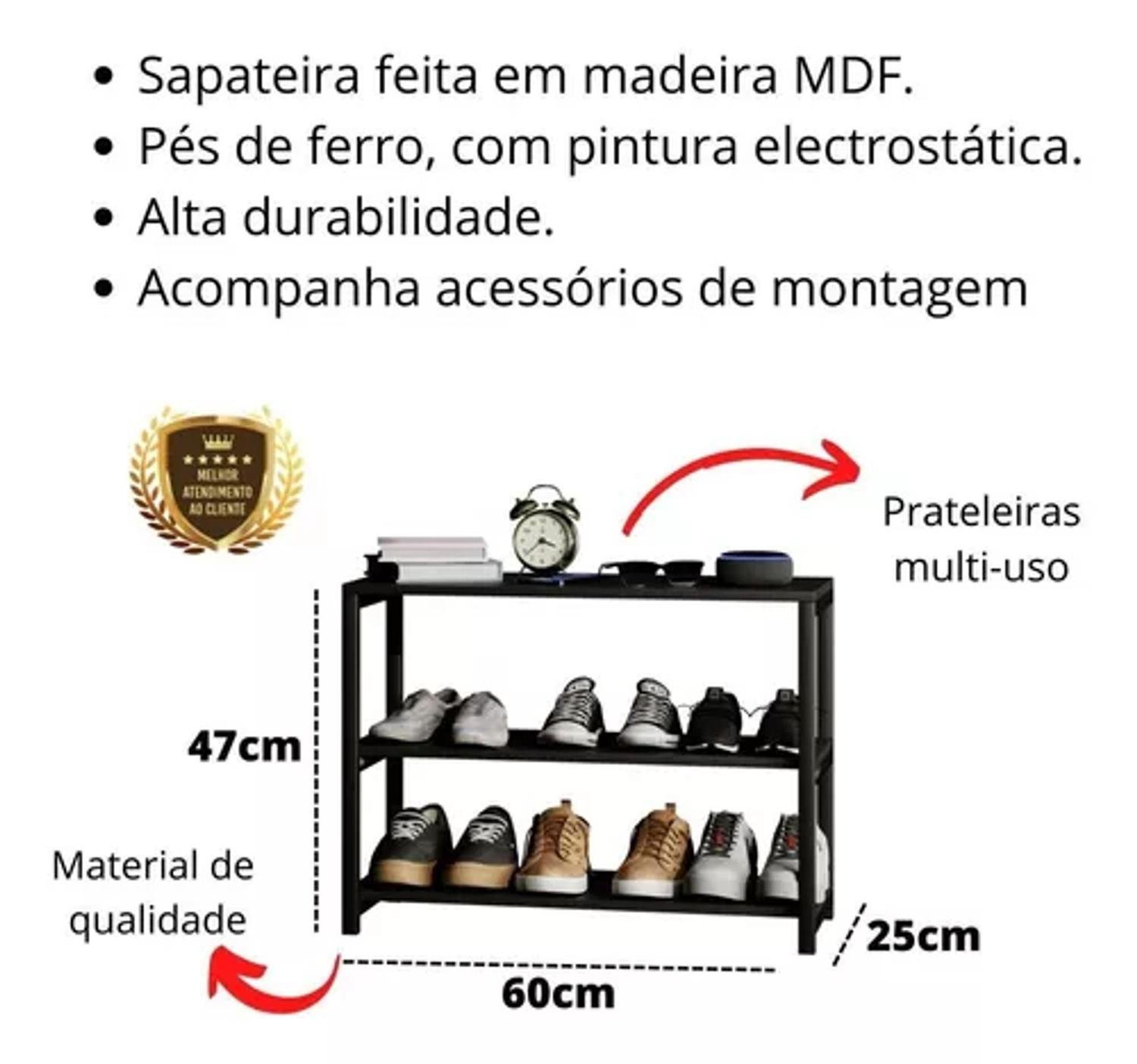 Sapateira Moderna em Mdf Preto com Prateleiras e Espaço para Celular em Estilo Industrial - 4
