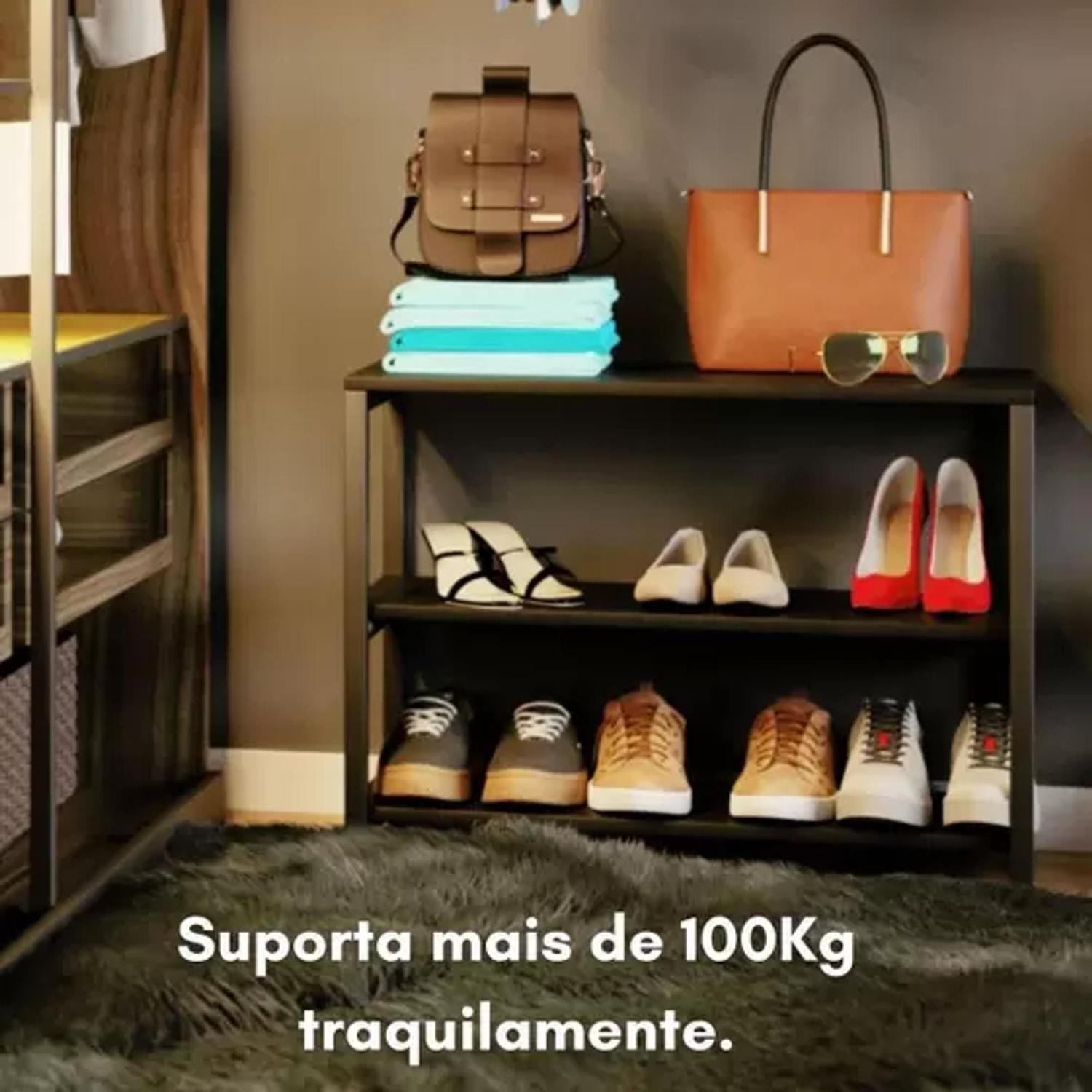 Sapateira Moderna em Mdf Preto com Prateleiras e Espaço para Celular em Estilo Industrial - 5