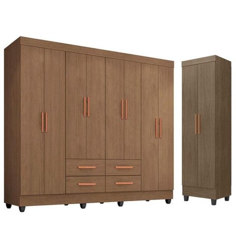 Guarda Roupa Casal Porto 8 Portas e Armário Multiuso Lite Carvalho Oak - Móveis Leão