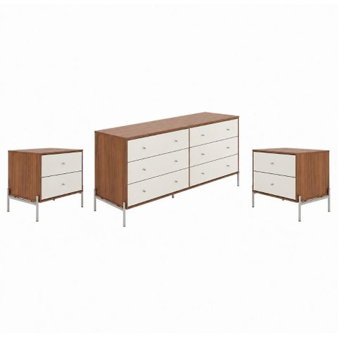 Cômoda com 6 Gavetas e 2 Mesas de Cabeceira Jasper - Canella com Off White Fosco