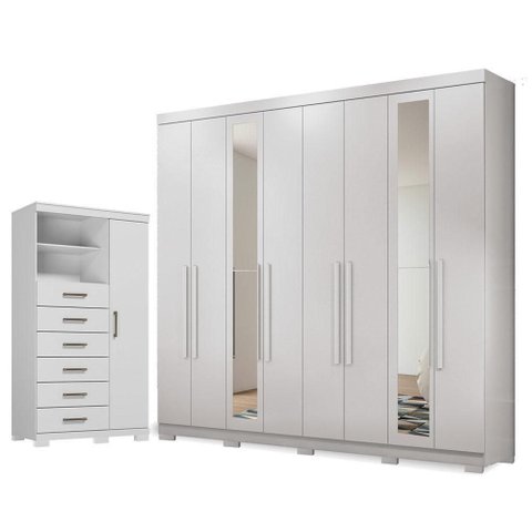 Guarda Roupa Casal com Cômoda Master New 8 Portas de Bater 4 Gavetas MDP Branco Brilho Santos Andir