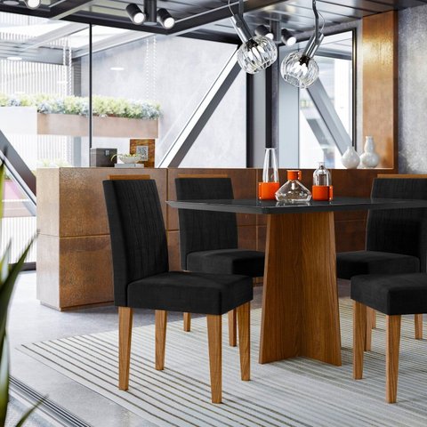 Conjunto Sala de Jantar Mesa Tampo Vidro/MDF Anitta 120cm com 4 Cadeiras Ana Marrom/Preto