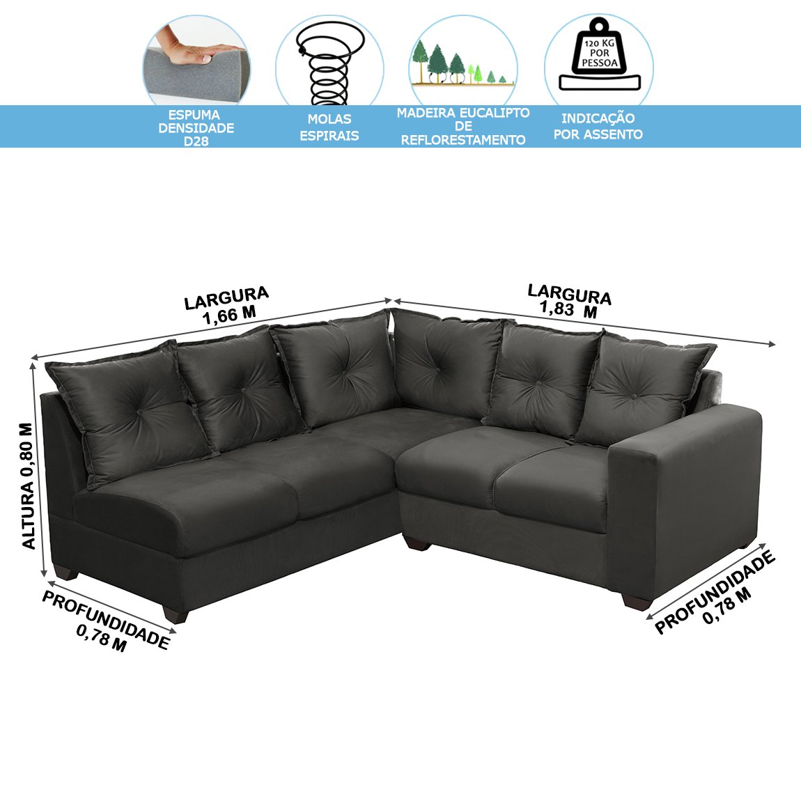 Sofá de Canto Califórnia 1,66x1,83 Metros, Espuma Densidade D28, 4 Lugares, com Molas Espirais, Graf - 5