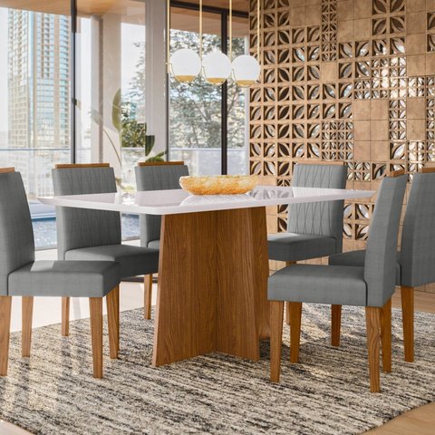 Conjunto Sala de Jantar Mesa Tampo Vidro/MDF Anitta 160 cm com 6 Cadeiras Ana Marrom/Off White