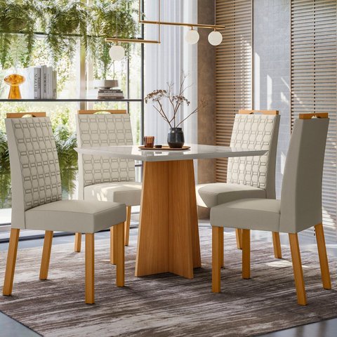 Conjunto Sala de Jantar Mesa Tampo Vidro/MDF Anitta 90cm com 4 Cadeiras Mariah Marrom/Off White