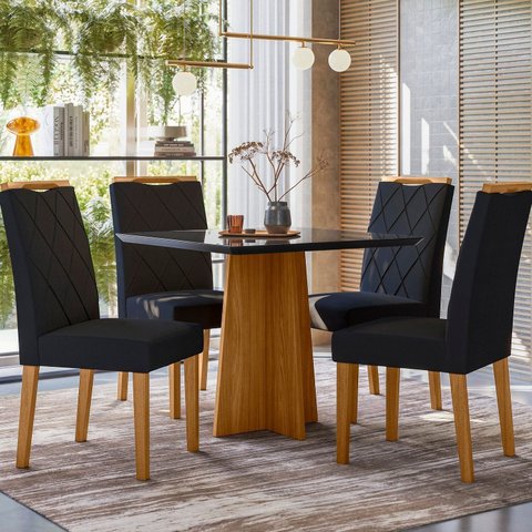 Conjunto Sala de Jantar Mesa Tampo Vidro/MDF Anitta 90cm com 4 Cadeiras Sarah Marrom/Ype/Preto/JA03