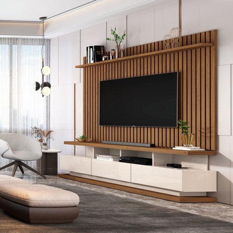 Rack com Painel Ripado para TV até 72 Polegadas MDF 185,5CMX192CM 3 Gavetas e com Rodízios Vivare Classic Marrom