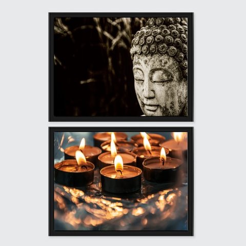 Kit 2 Quadros Zen Buda E Velas 24x18cm:Madeira preta