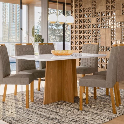 Conjunto Sala de Jantar Mesa Tampo Vidro/MDF Anitta 160cm com 6 Cadeiras Mariah Marrom/Off White