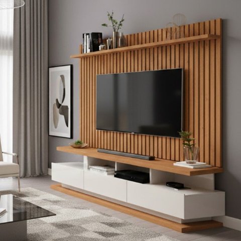 Rack com Painel Ripado para TV até 72 Polegadas 192cmx180cm 3 Gavetas e Pés com Rodízios Vivare Classic