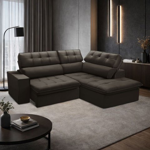 Sofá 3 Lugares Retrátil Reclinável Chaise Direito 243cm Solin F04 Veludo Marrom Escuro - Lyam Decor
