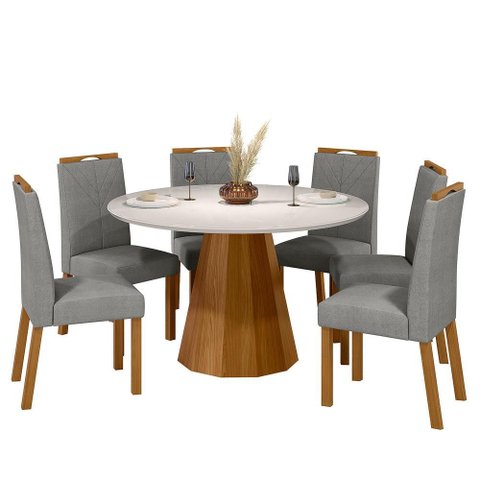 Conjunto Sala de Jantar Mesa Isis 135x135 6 Cadeiras Anitta 2024 Ype/off White/linho Cinza Claro