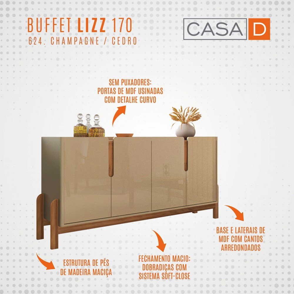 Balcão Buffet Lizz 4 Portas Champagne/cedro 050518 - Casa D - 3