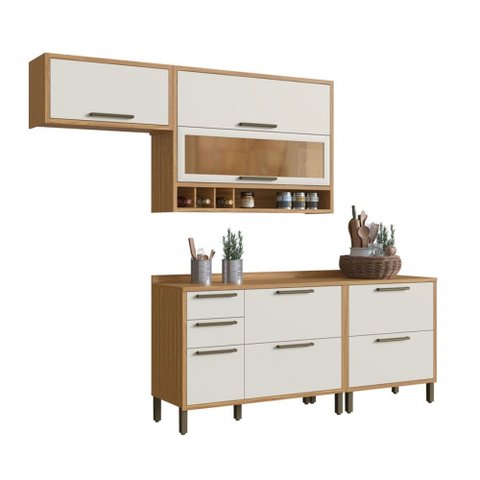 Armário de Cozinha com Balcão e Tampo 6 Portas 4 Gavetas Pérola 100% Mdf Vidro Reflecta Amêndoa/off